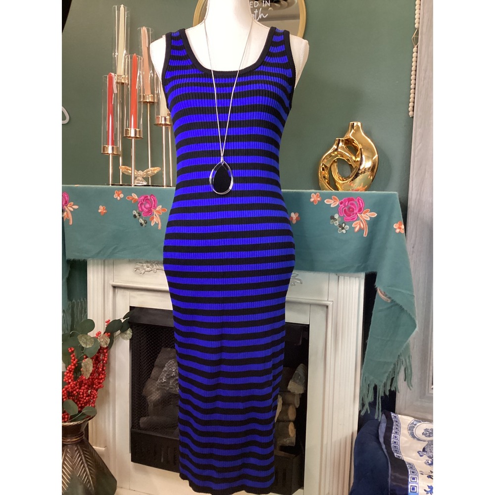 Michael Kors Blue Black Striped Ribbed Knit Bodycon Midi Dress Medium